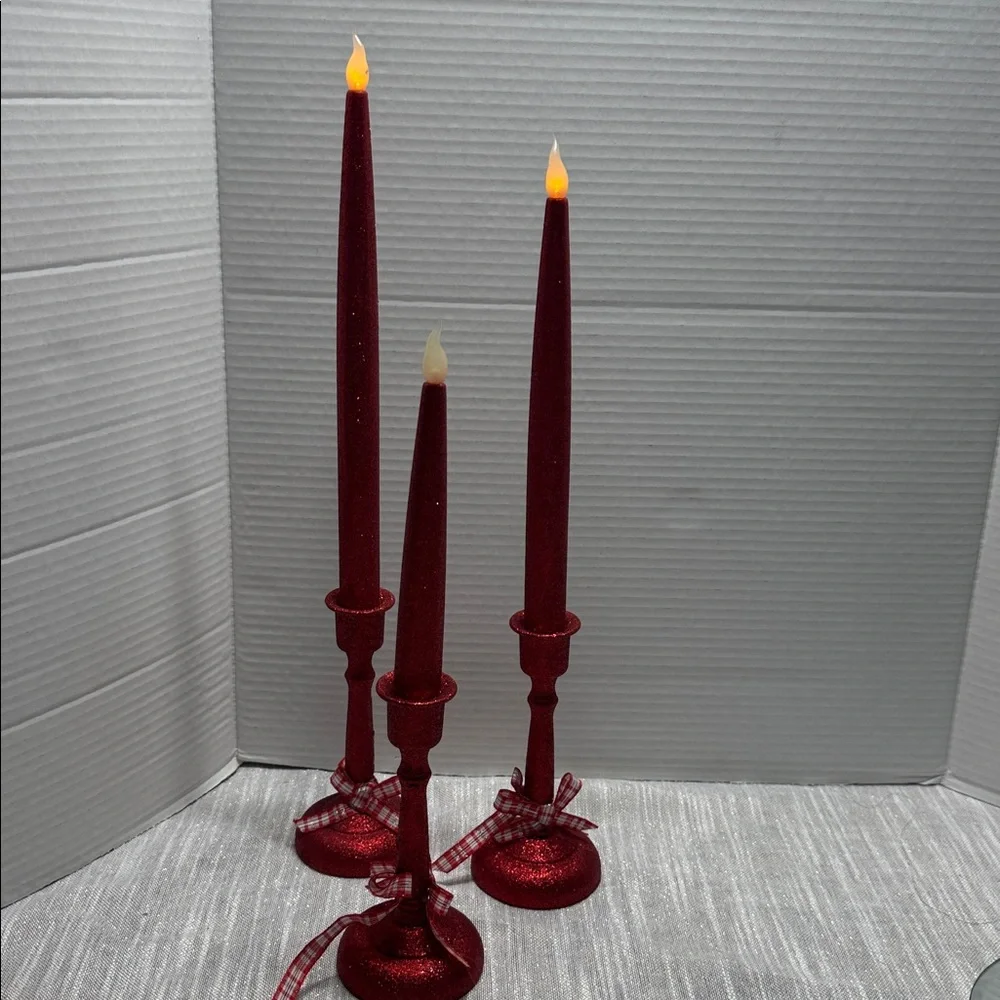 Candle Sticks red glitter flickering light battery operated 18”, 16” and 13” VTG